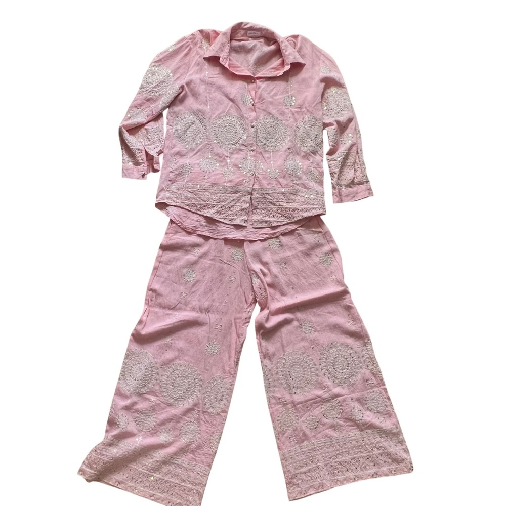 Galita Womens Two Piece Set L Pink Excellent Resort Vacation Embroidered Sequin
